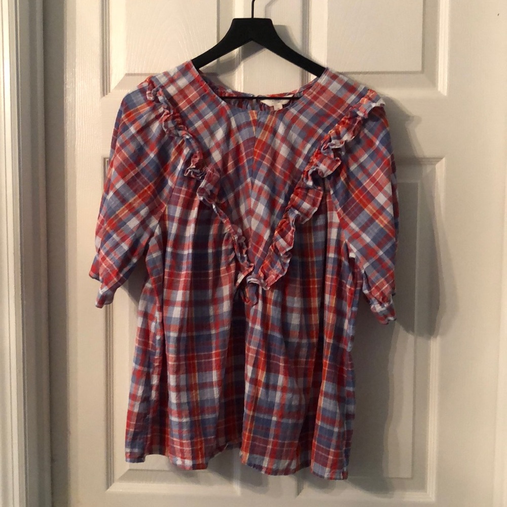 TERRA & SKY, 1X. 16W-18W, Lightweight blouse. Red, white, & blue plaid